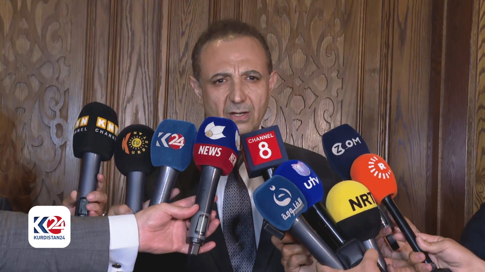 Dilshad Shahab, Kurdistan Region Presidency spokesperson, speaking at the press conference, April 28, 2024. (Photo: Kurdistan24)