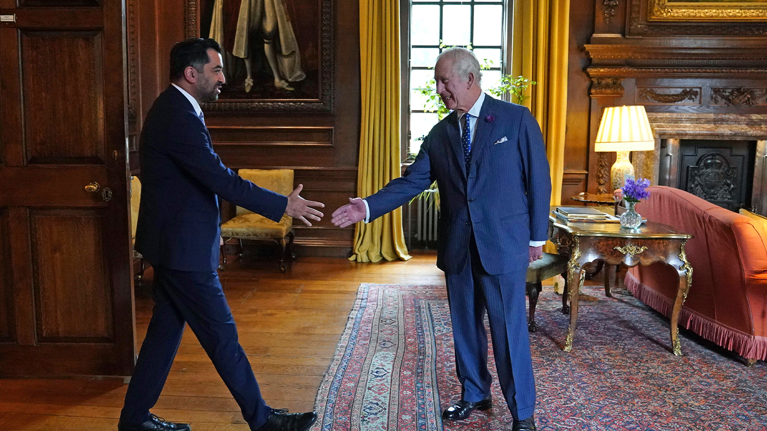 Britain's King Charles III, right, receives Scotland's First Minister Humza Yousaf during an audience at the Palace of Holyroodhouse in Edinburgh, Tuesday, July 4, 2023. (Photo: AP)