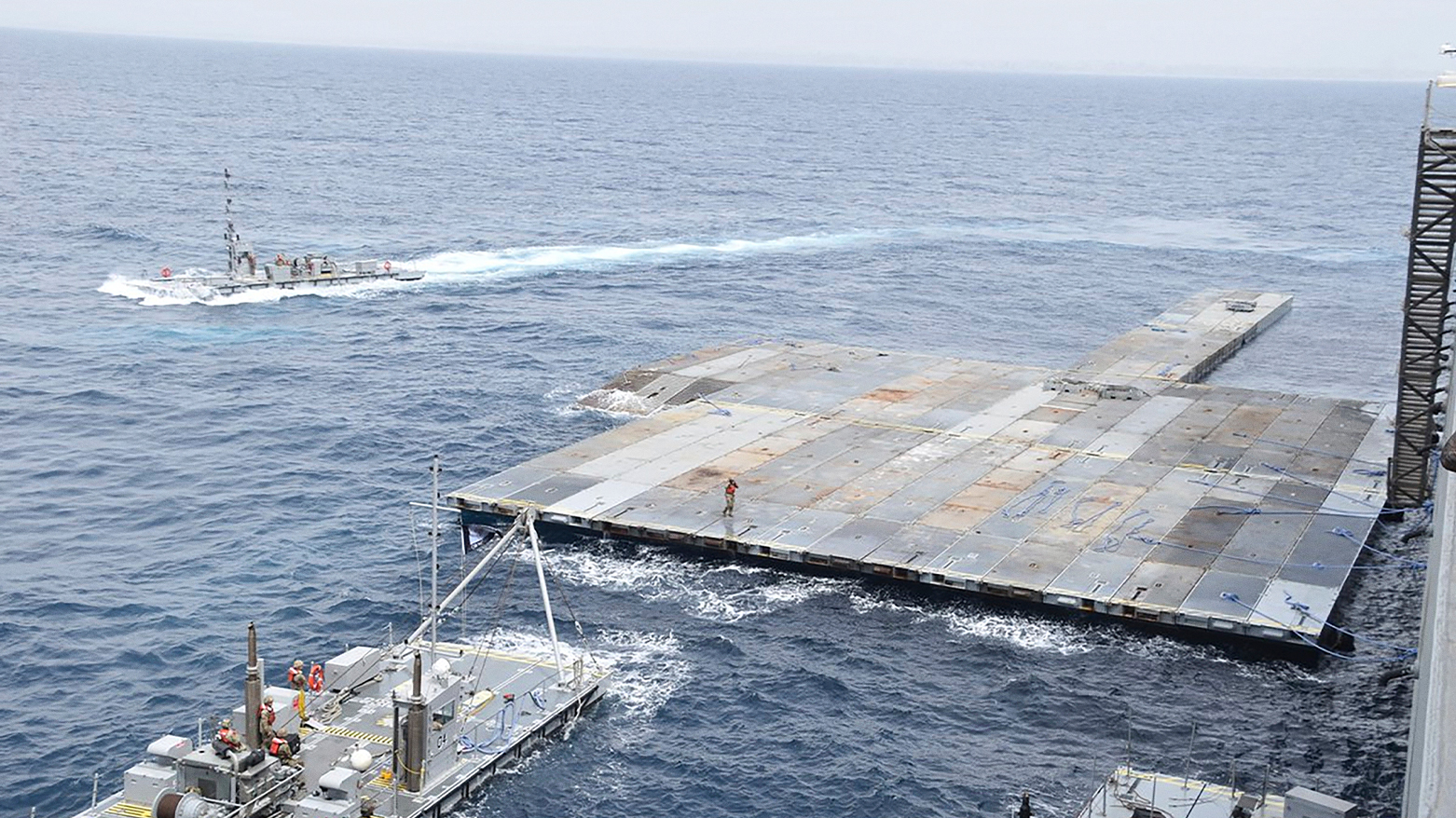 This photo shows construction off a floating pier in the Mediterranean Sea off the Gaza Strip.  (Photo: U.S. military's Central Command via AP)