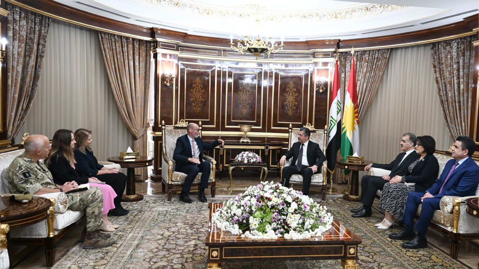Kurdistan Region Prime Minister Masrour Barzani (top right) during his meeting with UK Ambassador to Iraq Stephen Charles Hitchen, April 30, 2024. (Photo: KRG)