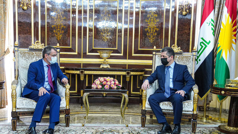 KRG Prime Minister Masrour Barzani (right) is pictured during his meeting with outgoing EU Ambassador to Iraq Martin Huth, August 1, 2021. (Photo: KRG)