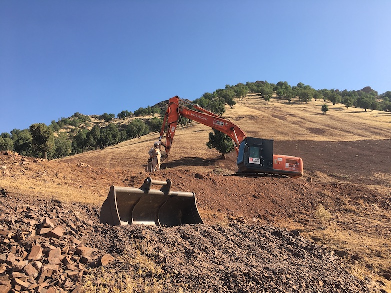 A MAG armored digger in Biwrey village, July 5, 2021. (Photo: Joanne Stocker-Kelly)