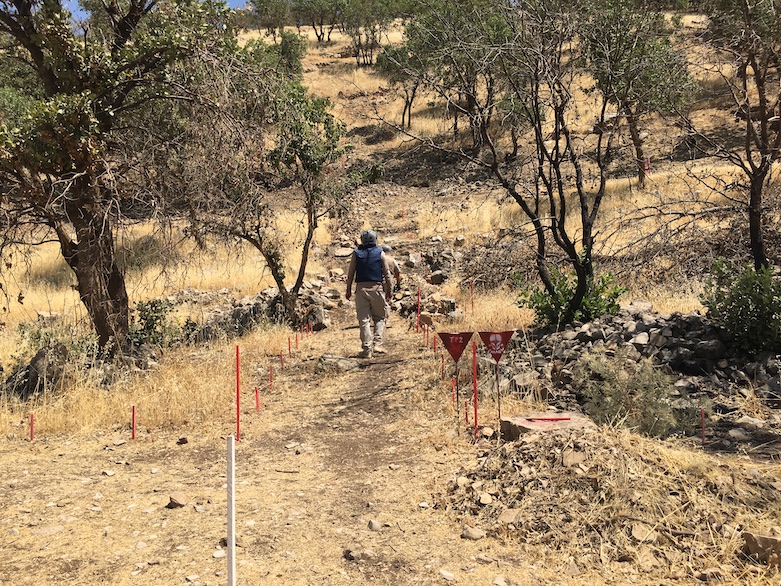 A MAG team member walks carefully around a minefield on a steep hill outside Wilyawa village, July 5, 2015. (Photo: Joanne Stocker-Kelly)