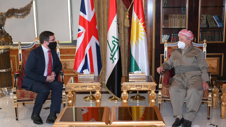 President Masoud Barzani (right) is pictured during his meeting with UK Ambassador to Iraq Mark Bryson-Richardson, August 9, 2021. (Photo: Barzani Headquarter)