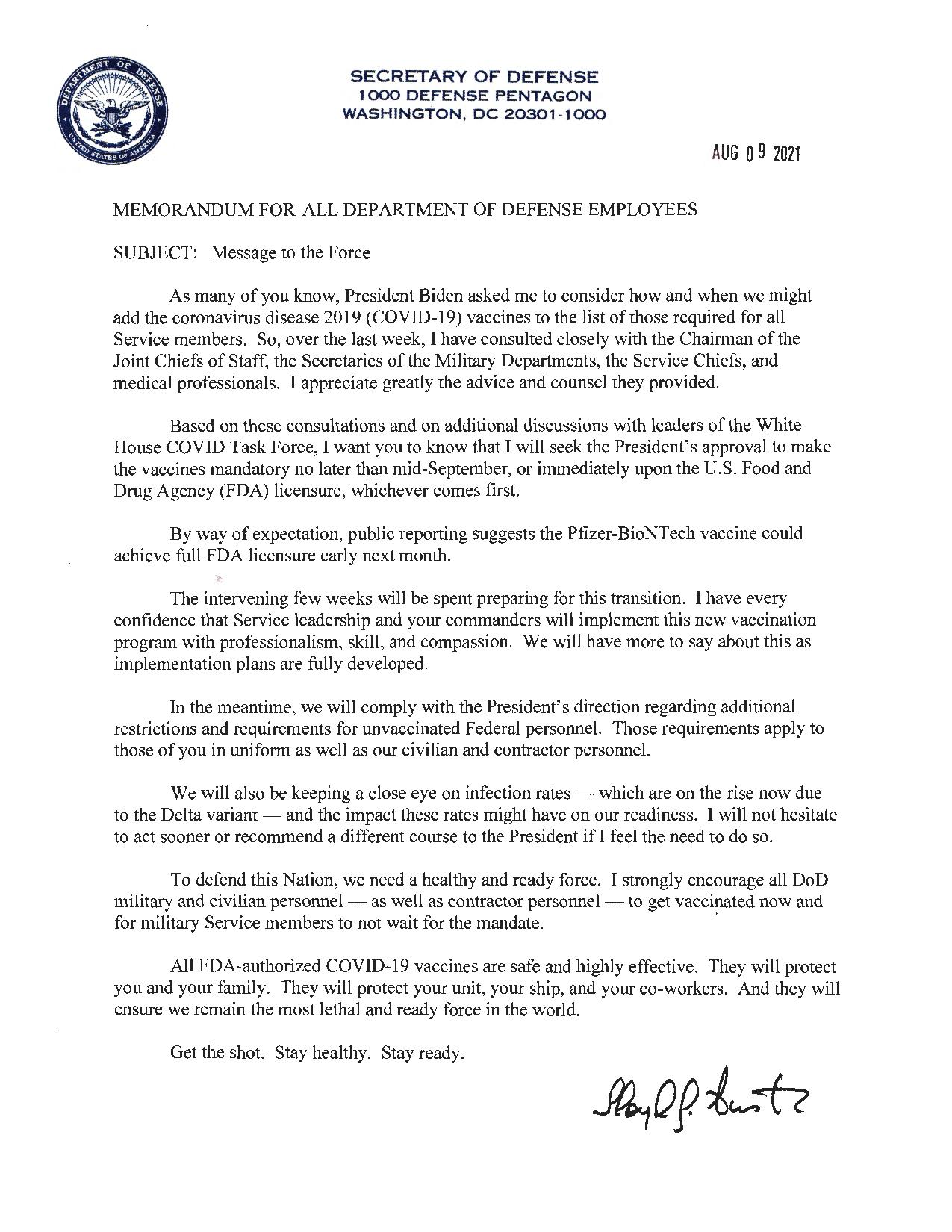 نووسراوه&zwnj;كه&zwnj; جه&zwnj;نه&zwnj;رال لۆید ئۆستن، وه&zwnj;زیری به&zwnj;رگری ئه&zwnj;مه&zwnj;ریكا