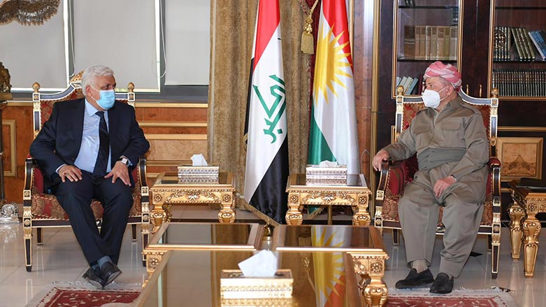 Kurdish leader Masoud Barzani (Right), meets with Falih al-Fayadh, head of the Popular Mobilization Committee in Erbil, Aug. 11, 2021. (Photo: Barzani's office)