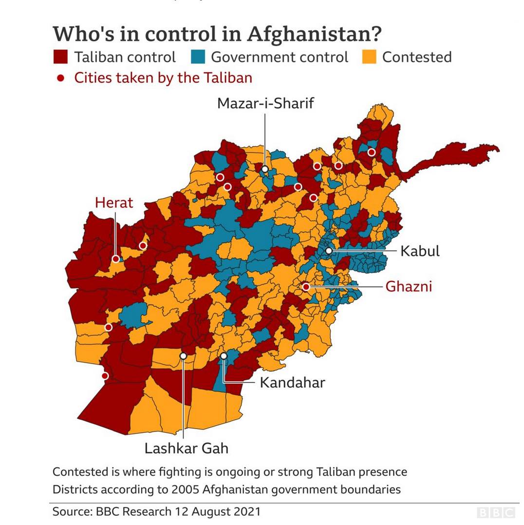 نه&zwnj;خشه&zwnj;ی ئه&zwnj;فغانستان و ئه&zwnj;و شارانه&zwnj;ی كه&zwnj;وتوونه&zwnj;ته&zwnj; ده&zwnj;ست تاڵیبان