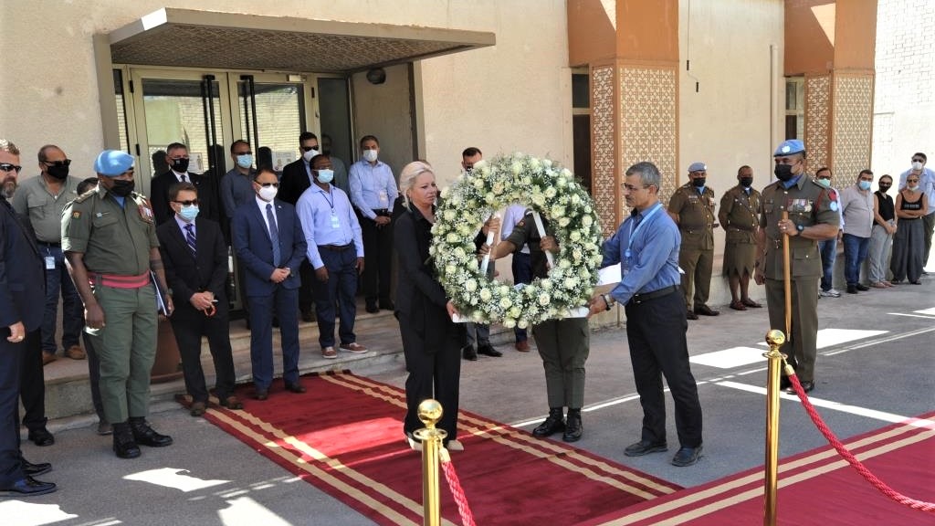 UN envoy to Iraq Jeanine Hennis-Plasschaert and colleagues commemorate the 18th anniversary of the deadly 2003 terrorist attack on UN headquarters in Baghdad, Aug. 19, 2021. (Photo: UN)