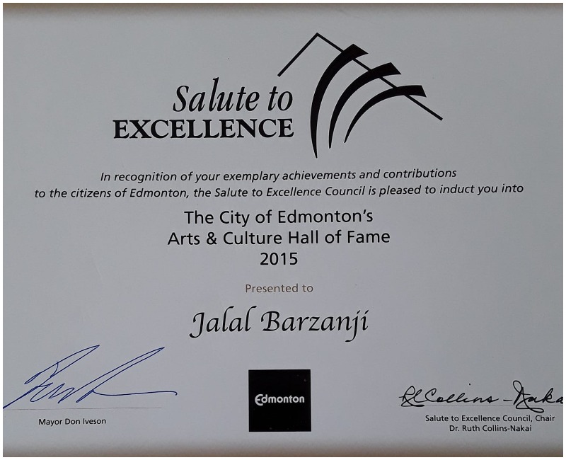 An honorary award by the city of Edmonton, Alberta, that Jalal Barzanji has received for his works.