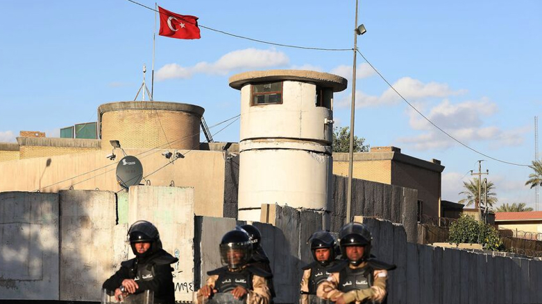 Iraqi riot police protect the Turkish Embassy in Baghdad on Feb. 18, 2021, after calls on social media to gather there to protest Turkey's vows to invade the northwestern enclave of Sinjar (Photo: Ahmad al-Rubaye/AFP)