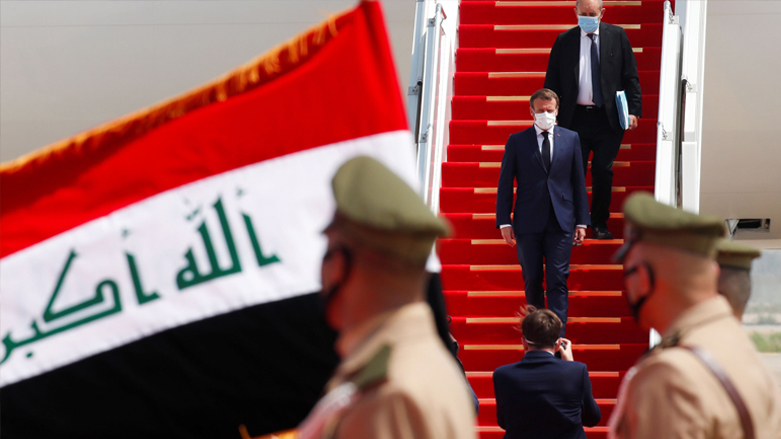 French President Emmanuel Macron steps down from his plane at Baghdad International Airport to begin his Iraq tour, Sept. 2, 2020. (Photo: Gonzalo Fuentes/AFP)