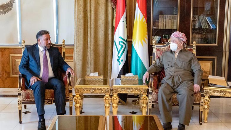 The Kurdistan Democratic Party (KDP) President Masoud Barzani during his meeting with the head of Sunni Sovereignty Alliance Khamis Al-Khanjar in Erbil, August 11, 2022. (Photo: Barzani Headquarters)