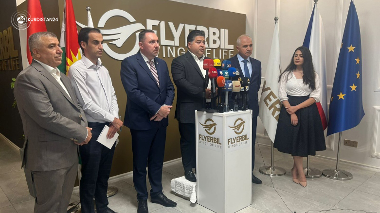 Members of a Kurdish airline agency along with the Republic of Czech Consul General to Erbil announcing the first-ever direct flight between Erbil and Prague, August, 15, 2022. (Photo: Nawras Abdulla/Kurdistan 24)