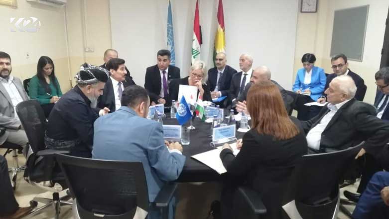 Leaders of Kurdish political parties in a meeting with Jeanine Hennis-Plasschaert, Head of the United Nations Assistance Mission for Iraq (UNAMI), Erbil, Kurdistan Region, May 26, 2022. (Photo UNAMI)