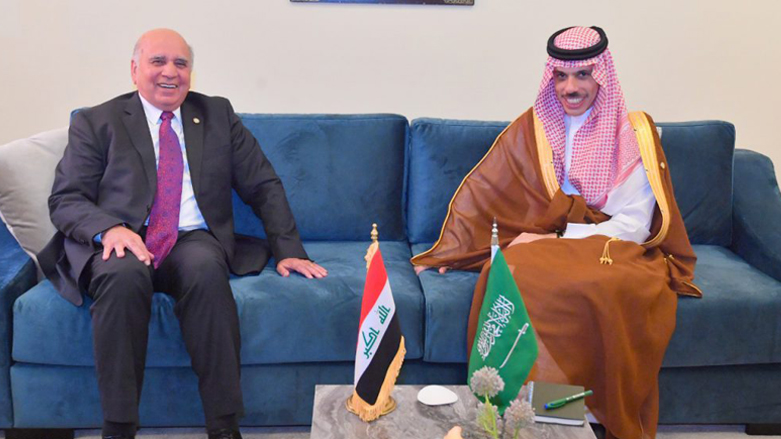 Saudi Arabia's Foreign Minister Faisal bin Farhan (right) sitting next to Iraqi Foreign Minister Fuad Hussein  Marrakesh, Kingdom of Morocco, May 11, 2022. (Photo: Iraqi Foreign Ministry)