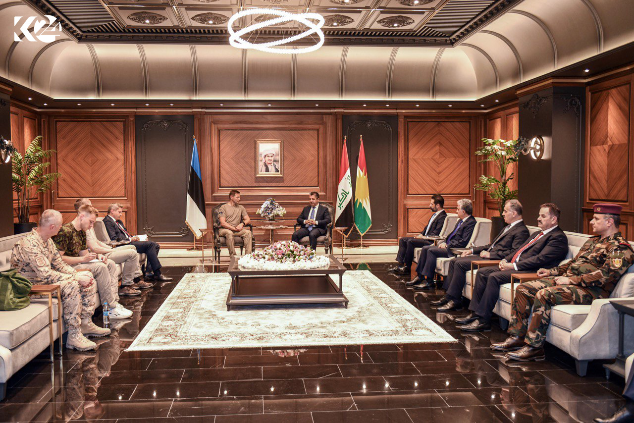 Kurdistan Region Prime Minister Masrour Barzani (top right) during his meeting with Estonian Defense Minister Hanno Pevkur, August 2, 2023. (Photo: KRG)