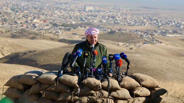 The then Kurdistan Region President Masoud Barzani speaking during a presser in Sinjar amid the liberation of the town, 2015. (Photo: Barzani Headquarters)
