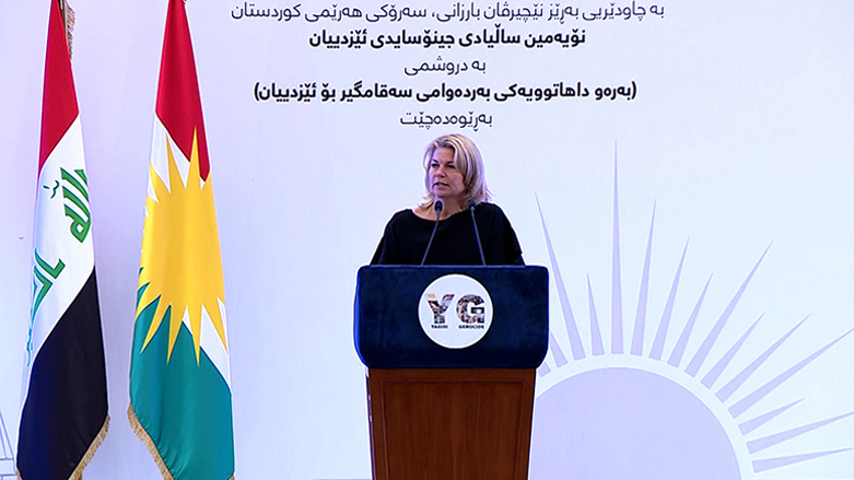UK Consul General Rosy Cave delivering remarks on the 9th commemoration of the Yezidi genocide in Erbil, August 3, 2023. (Photo: Kurdistan 24)