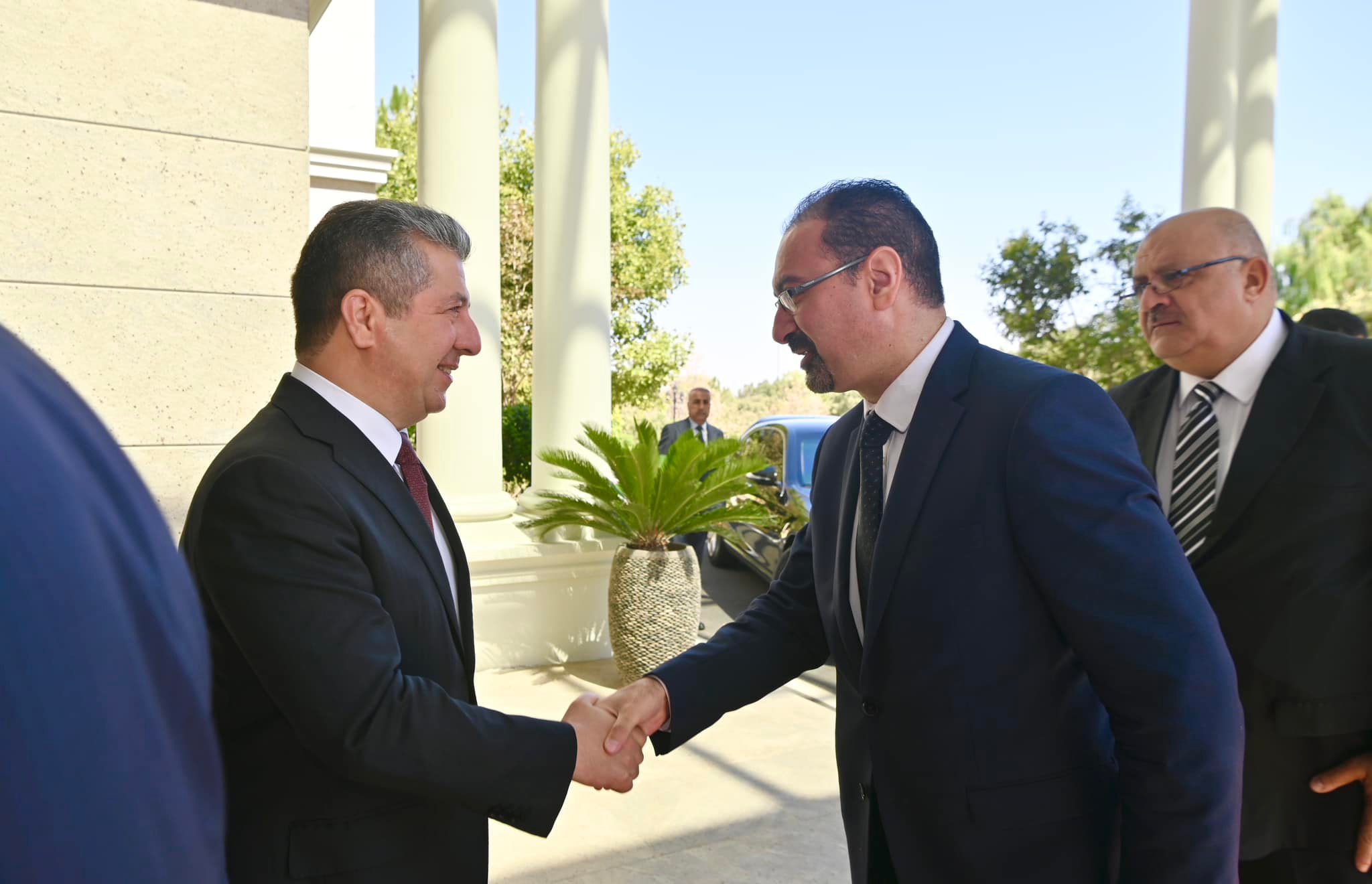 Kurdistan Region Prime Minister Masrour Barzani (left) shaking hands with Jordanian Consul General in Erbil Fuad Al-Majali in Erbil, August 3, 2023. (Photo: KRG)