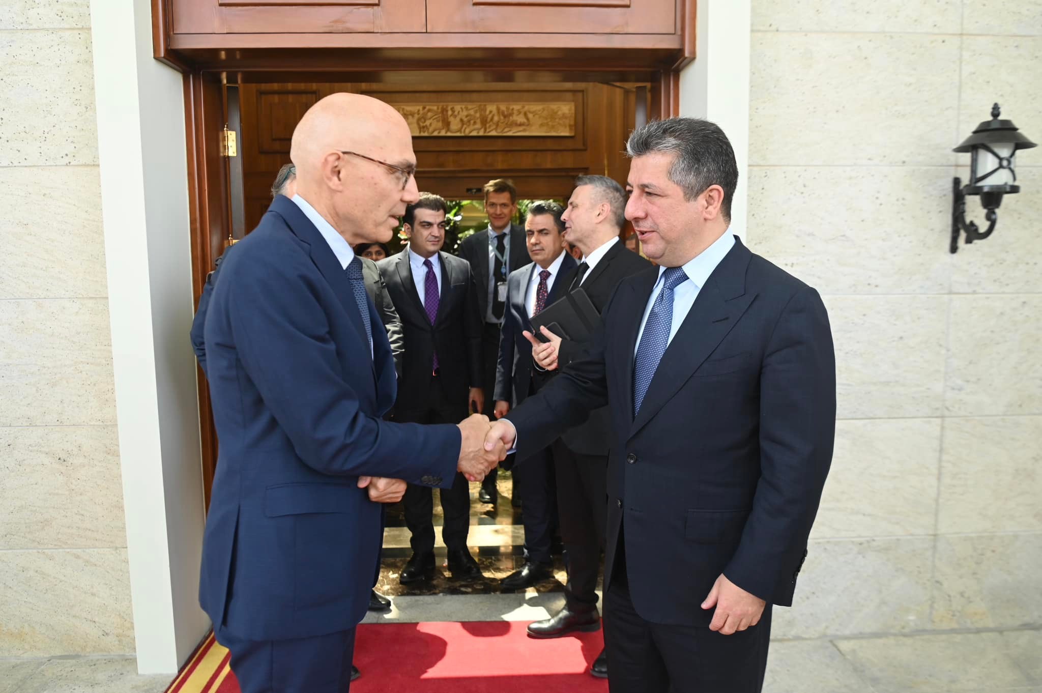 Kurdistan Region Prime Minister Masrour Barzani (right) shaking hands with UN High Commissioner for Human Rights Volker Türk in Erbil, August 7, 2023. (Photo: KRG)