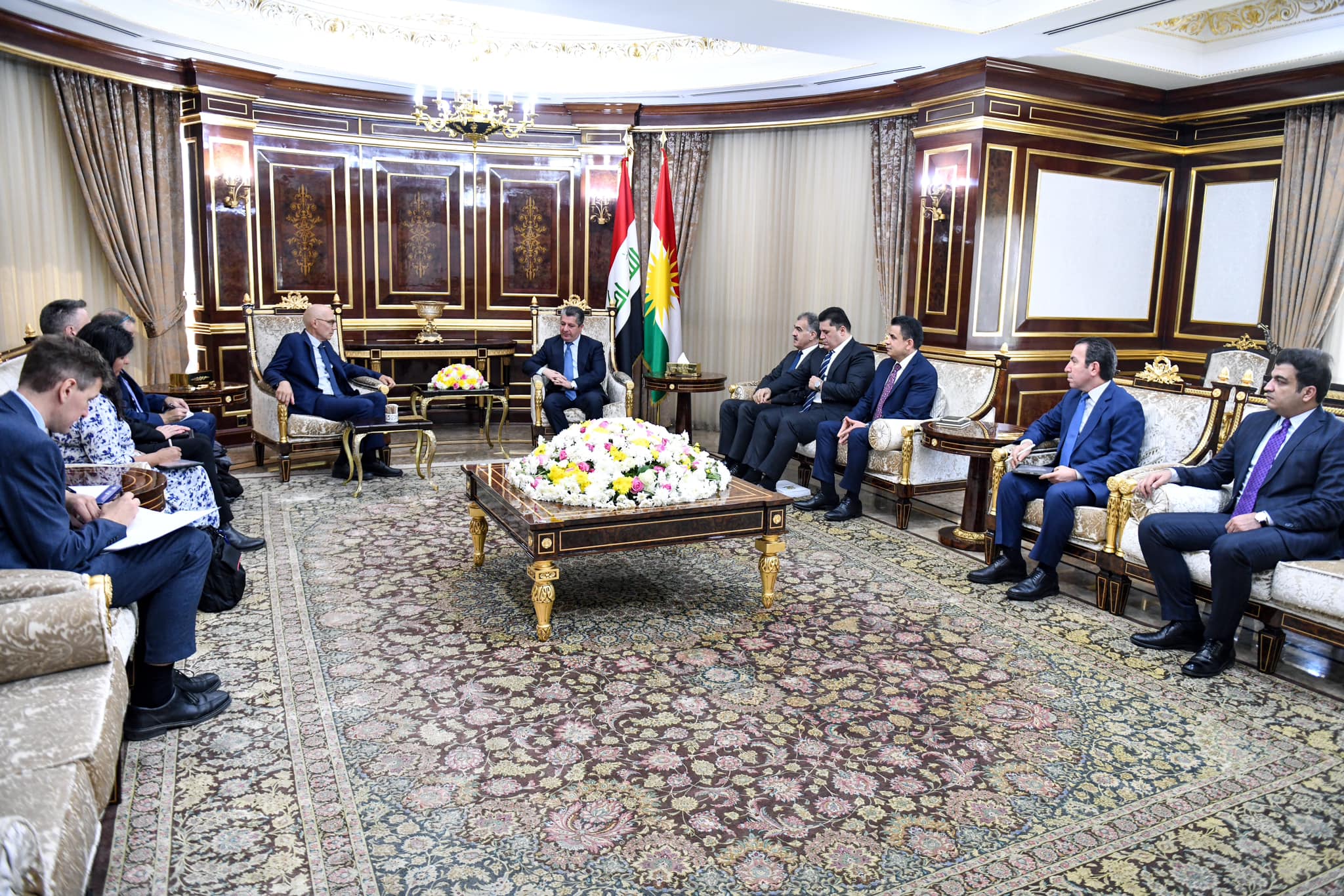 Kurdistan Region Prime Minister Masrour Barzani (top right) during his meeting with UN High Commissioner for Human Rights Volker Türk in Erbil, August 7, 2023. (Photo: KRG)