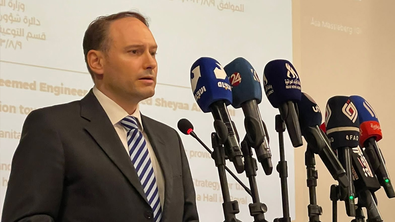 Maximilian Rasch, Germany’s charge de affairs in Baghdad, speaking at the Iraq National Mine Action Strategy, August 9, 2023. (Photo: Iraqi News Agency)