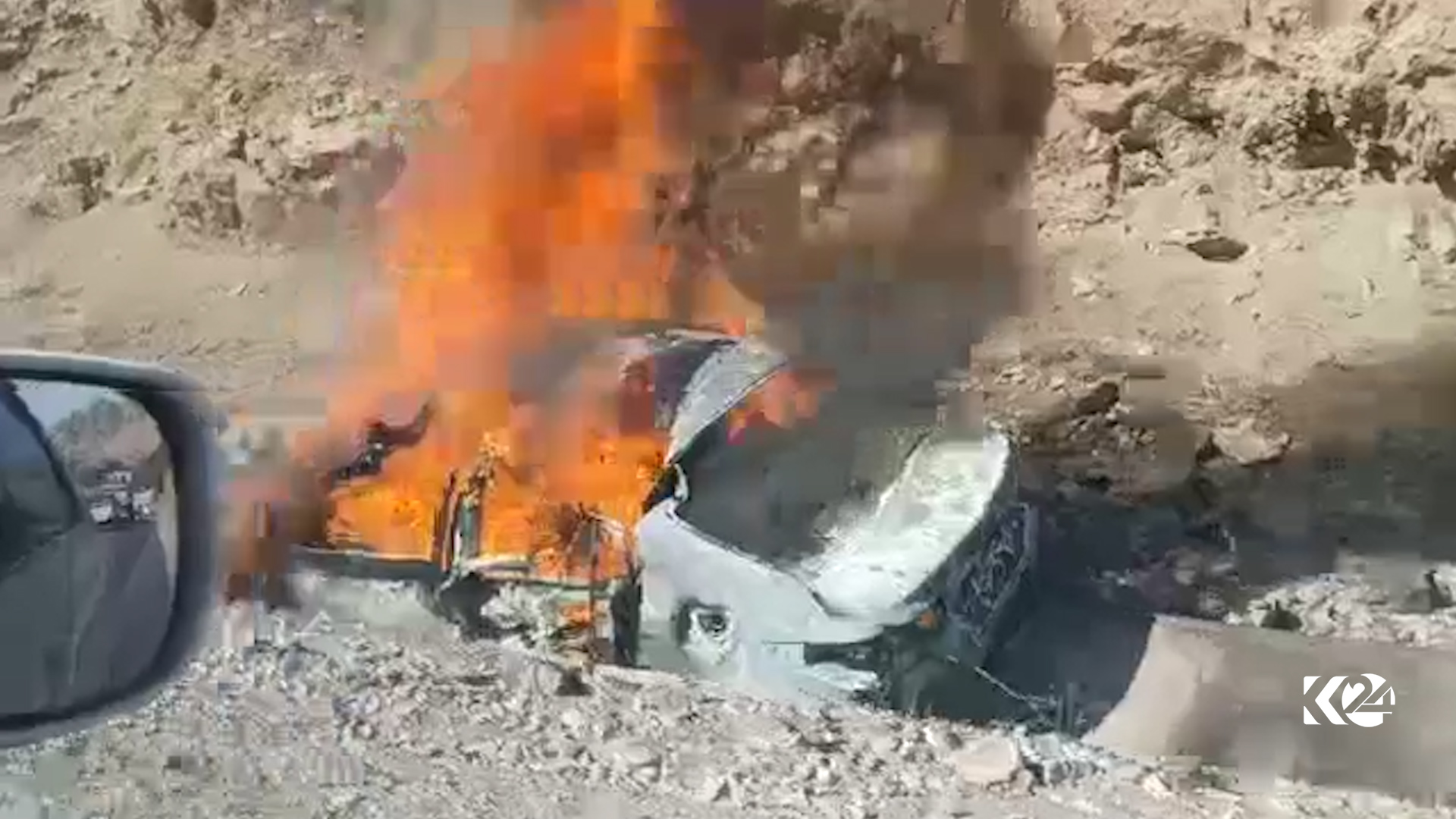 The remnants of the vehicle struck by the drone in Penjwen district of Sulaimani Province, Aug. 11, 2023. (Photo: Kurdistan 24)