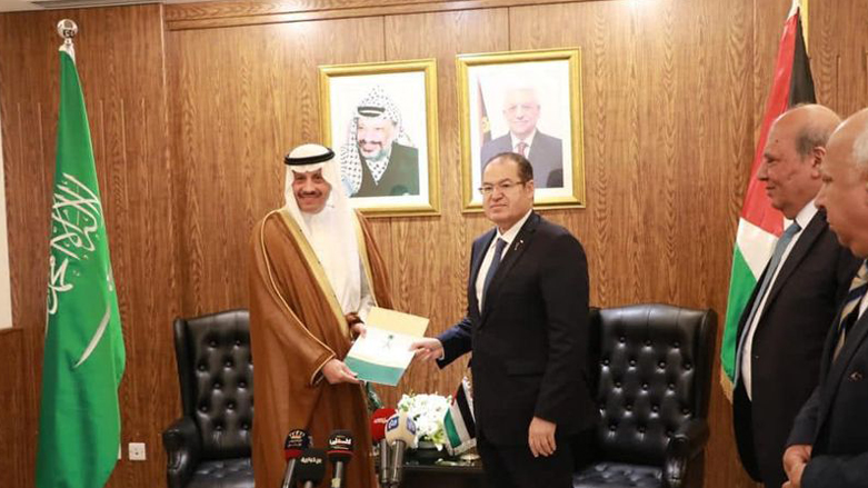 Saudi Ambassador Nayef Al-Sudairi (L) presents his credentials to Palestinian Authority diplomatic adviser Majdi al-Khalidi at the Palestinian embassy in Jordan on August 12, 2023. (Photo: Wafa)