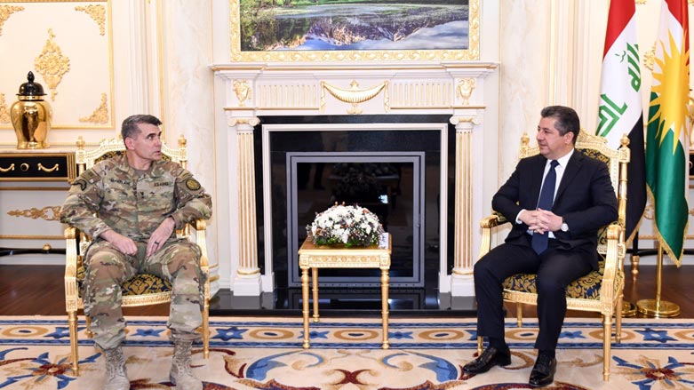 Kurdistan Region Prime Minister Masrour Barzani (right) during his meeting with outgoing Commander General of the Combined Joint Task Force-Operation Inherent Resolve Mathew McFarlane, Aug. 13, 2023. (Photo: KRG)