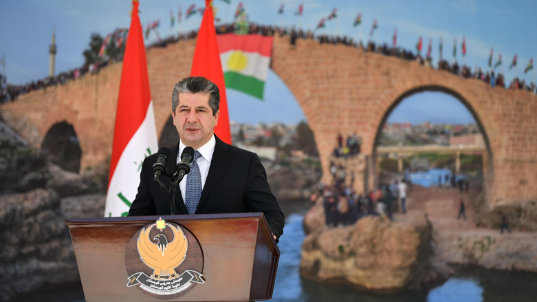 Kurdistan Region Prime Minister delivering his remarks at the laying-the-foundation-stone ceremony for a number of projects in Duhok province's Zakho Independent Administration, Sept. 27, 2022. (Photo: KRG)