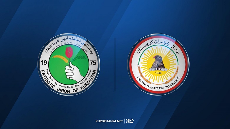 لۆگۆی پارتی دیموکراتی کوردستان (راست) و لۆگۆی یەکێتیی نیشتمانیی کوردستان (چەپ)
