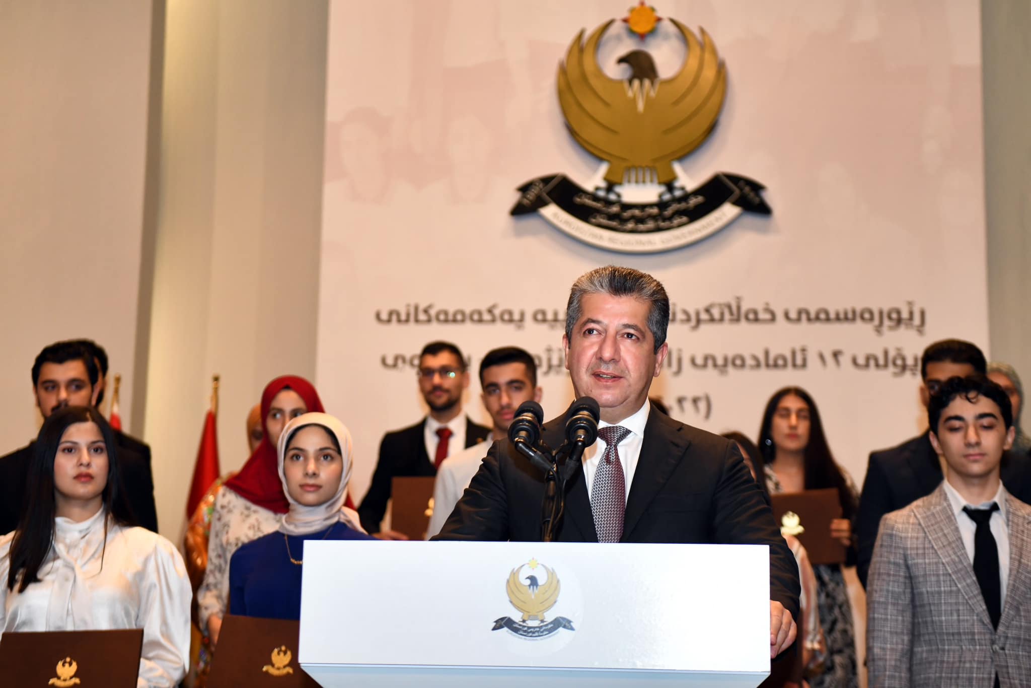 Kurdistan Region Prime Minister Masrour Barzani giving remarks during during the awards ceremony of 12th-grade top students in Erbil, August 16, 2023. (Photo: KRG)