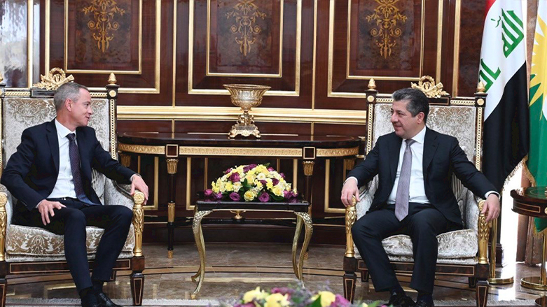 Kurdistan Region Prime Minister Masrour Barzani (right) during his meeting with Jean-Christophe, Charge d'Affaires of the French Embassy in Iraq, Aug. 16, 2023. (Photo: KRG)