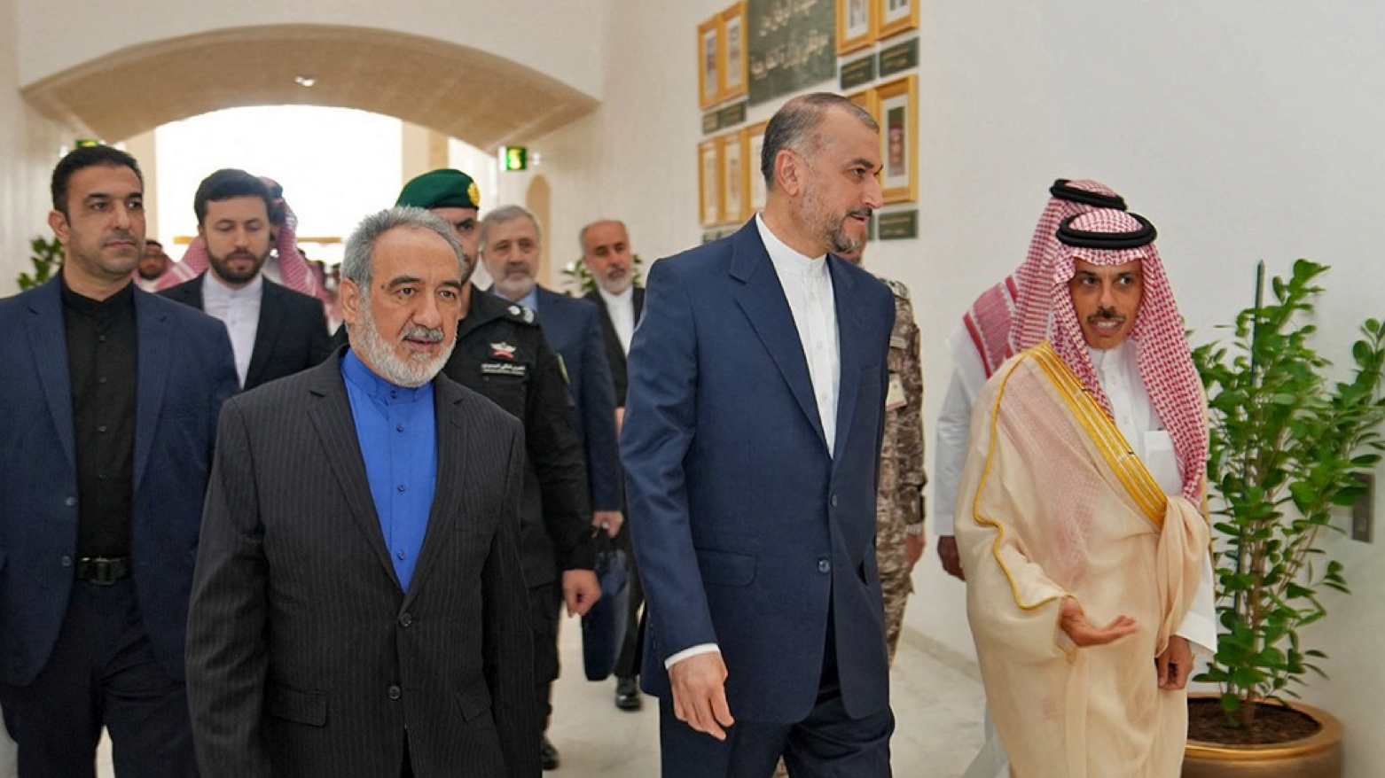 This handout picture provided by the Iranian foreign ministry shows Saudi Foreign Minister Faisal bin Farhan (R) receiving his Iranian counterpart Hossein Amir-Abdollahian (C) in Riyadh on Aug. 17, 2023 (Photo: Iranian Foreign Ministry/AFP)
