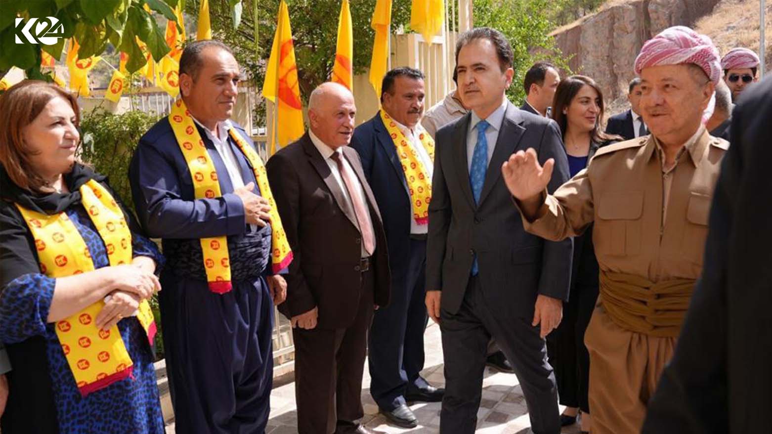 Kurdistan Democratic Party (KDP) President Masoud Barzani (right) greeted by his party's members in Duhok province's Amedi district, Aug. 19, 2023. (Photo: Submitted to Kurdistan 24)