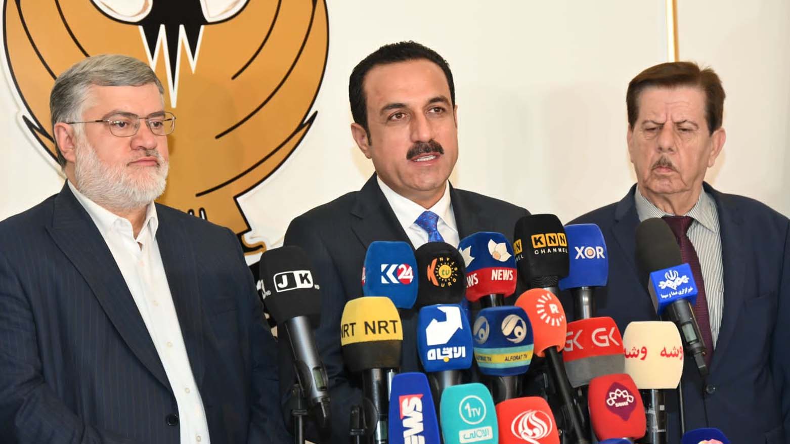 Erbil Governor Omed Khoshnaw (center) speaking during a joint presser with Governor of West Azerbaijan Mohammad Sadeq Motamdian in Erbil, Aug. 20, 2023. (Photo: Erbil Governorate)