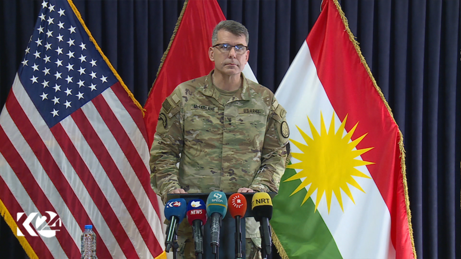 Major General Matthew McFarlane, Commander, Combined Joint Task Force-Operation Inherent Resolve (CJTF-OIR) talks to reporters, Aug. 20, 2023 (Photo: Kurdistan 24).
