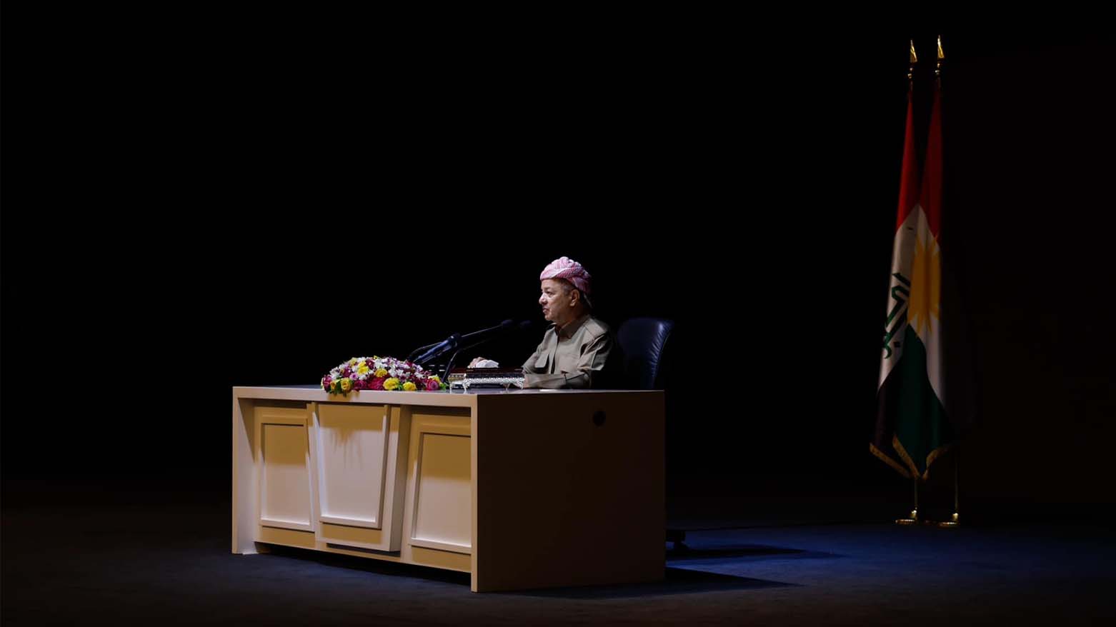 KDP President Masoud Barzani speaking during a townhall meeting with families of martyrs, Peshmerga veterans and recipients of Barzani Medal, August 21, 2023. (Photo: Barzani Headquarters)