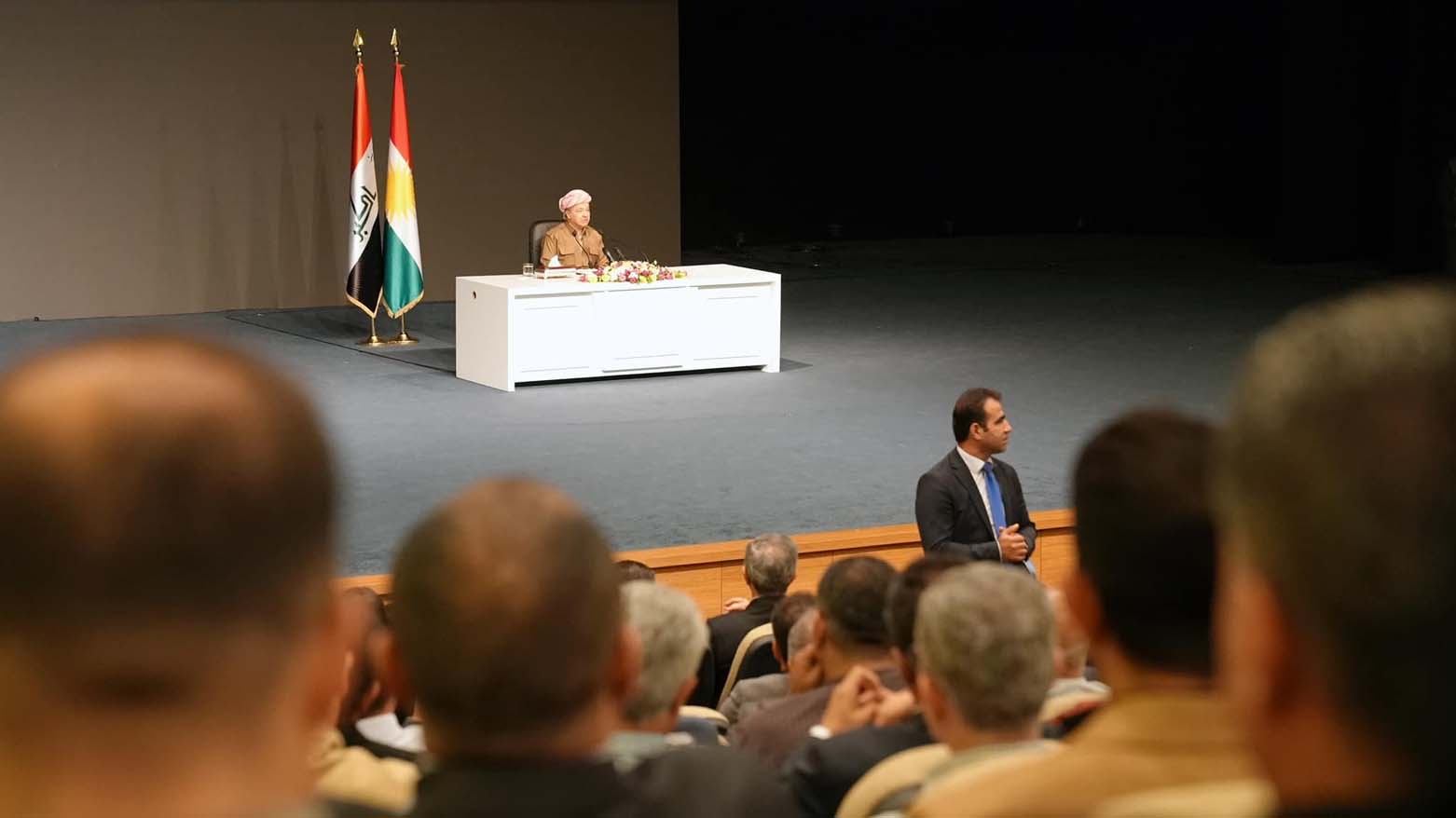 KDP President Masoud Barzani (center) is pictured while speaking at a townhall meeting with academics and teachers in Duhok province, Aug. 22, 2023. (Photo: Barzani Headquarters)