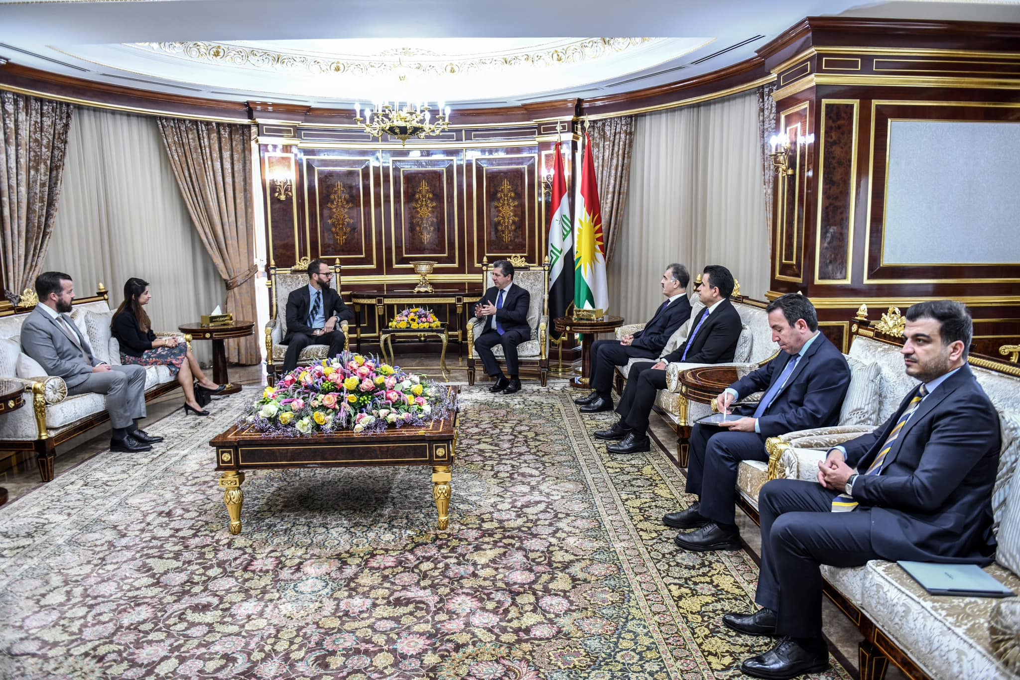 Kurdistan Region Prime Minister Masrour Barzani (top right) is pictured during his meeting with US Consul General Mark Stroh in Erbil, August 24, 2023. (Photo: KRG)
