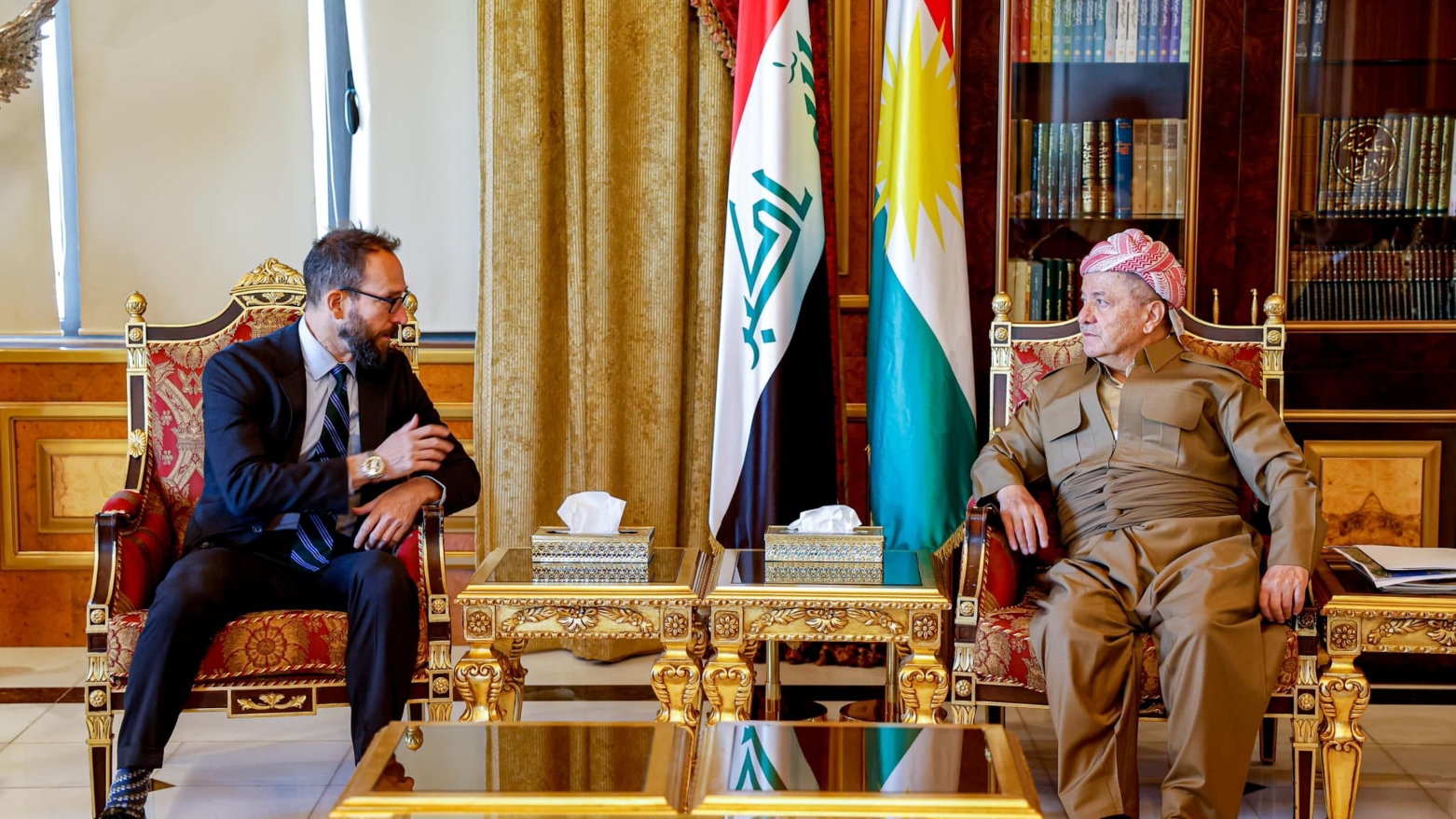 Kurdistan Democratic Party (KDP) President Masoud Barzani (right) is pictured during his meeting with US Consul General in Erbil Mark Stroh in Erbil, August 24, 2023. (Photo: Barzani Headquarters)