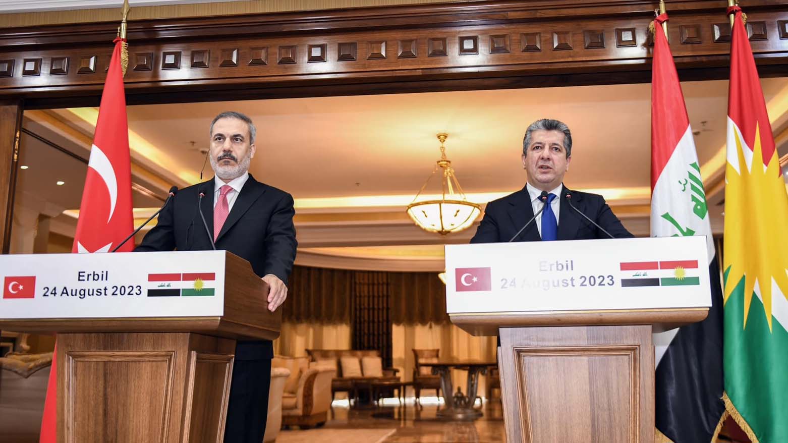 Kurdistan Region Prime Minister Masrour Barzani (right) is pictured during a joint presser with Turkish Minister of Foreign Affairs Hakan Fidan in Erbil, August 24, 2023. (Photo: KRG)