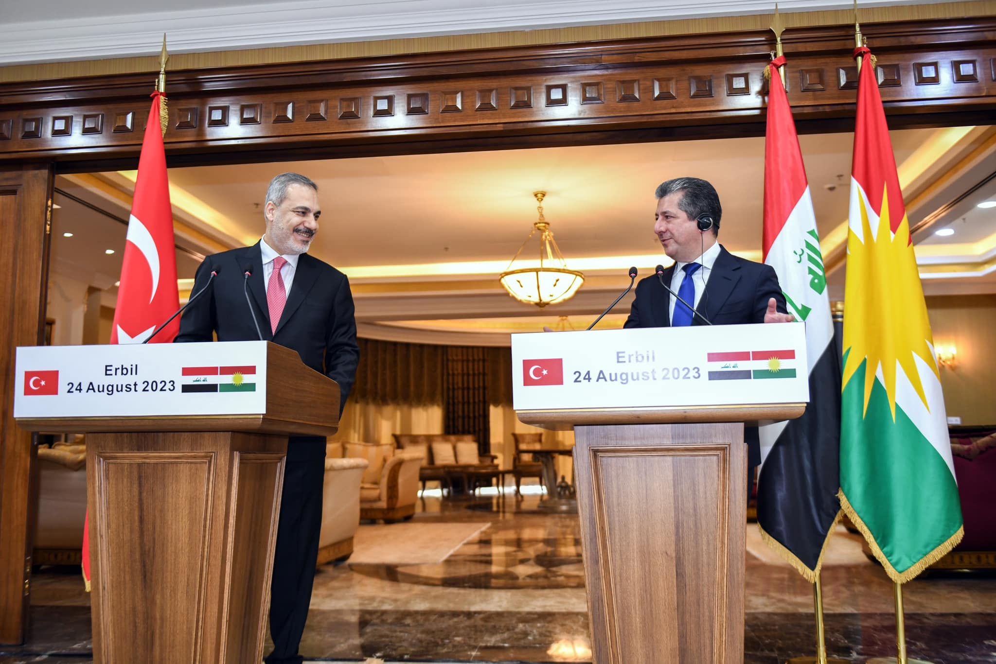 Kurdistan Region Prime Minister Masrour Barzani (right) is pictured during a joint press conference with Turkish Minister of Foreign Affairs Hakan Fidan in Erbil, August 24, 2023. (Photo: KRG)
