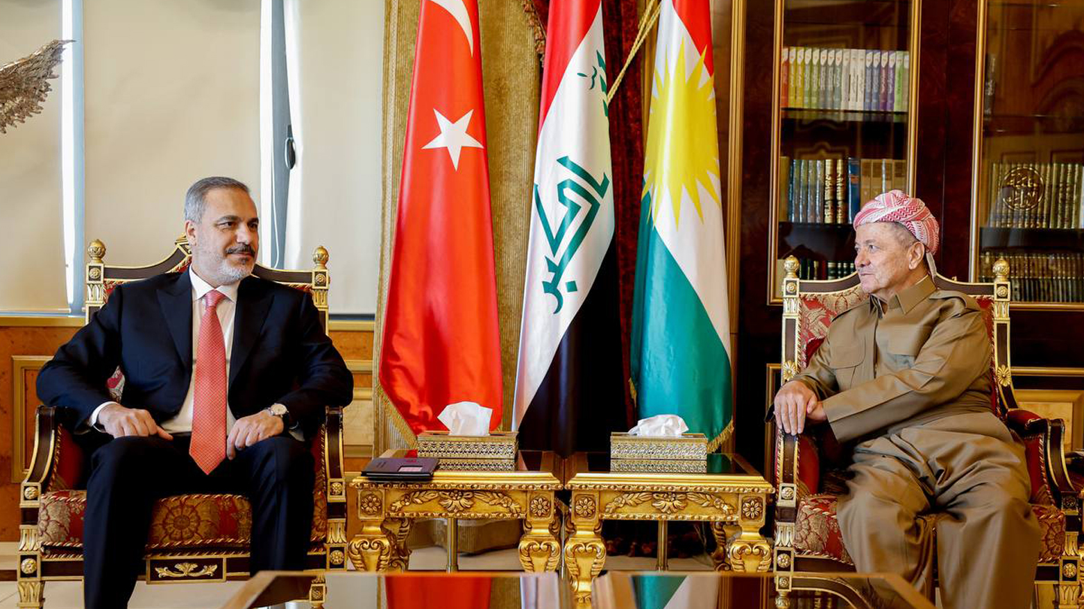 Kurdistan Democratic Party (KDP) President Masoud Barzani (right) is pictured during his meeting with Turkish Minister of Foreign Affairs Hakan Fidan in Erbil, August 24, 2023. (Photo: Barzani Headquarters)