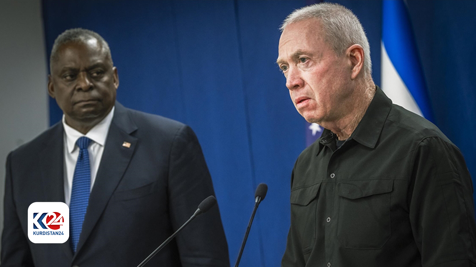 یواڤ گالانت، وەزیری بەرگریی ئیسرائیل (ڕاست) و لوید ئۆستن، وەزیری بەرگریی ئەمەریکا (چەپ) (وێنە: AFP)