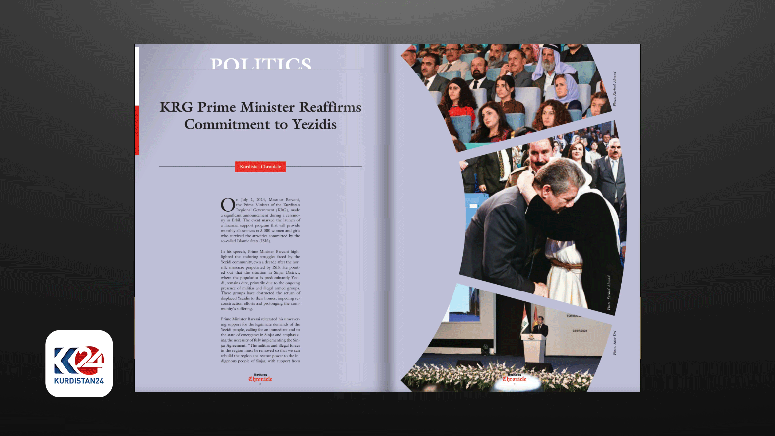 The frontpage of the article 'KRG Prime Minister Reaffirms Commitment to Yezidis.' (Photo: Designed by Kurdistan24)