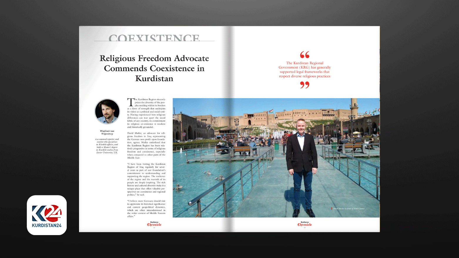 The frontpage of the article 'Religious Freedom Advocate Commends Coexistence in Kurdistan,' written by Wladimir van Wilgenburg. (Photo: Designed by Kurdistan24)
