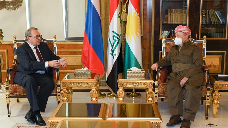 KDP leader Masoud Barzani (Right) receives Russian Deputy Foreign Minister Mikhail Bogdanov in Erbil, Dec. 1, 2021. (Photo: Barzani Headquarters)