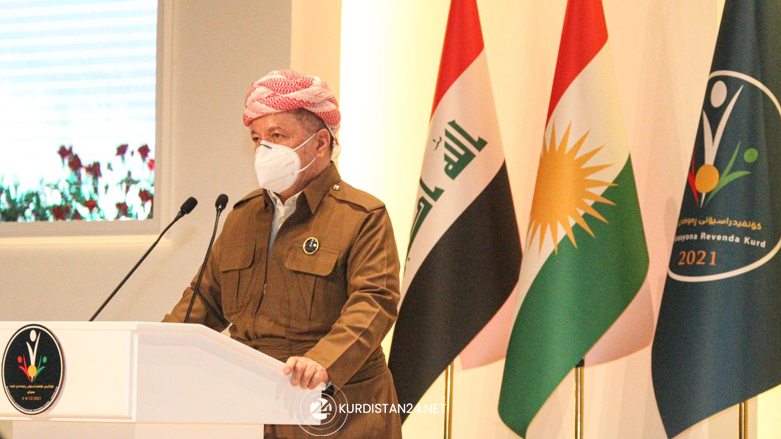 Masoud Barzani giving a speech during the Kurdish Diaspora Conference held in Erbil. (Photo: Kurdistan 24)