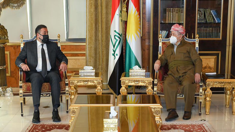 President Masoud Barzani in meeting with the leader of the Sunni al-Azim alliance Khamis al-Khanjar, in Erbil, Kurdistan Region, Dec. 4, 2021. (Photo: KDP)